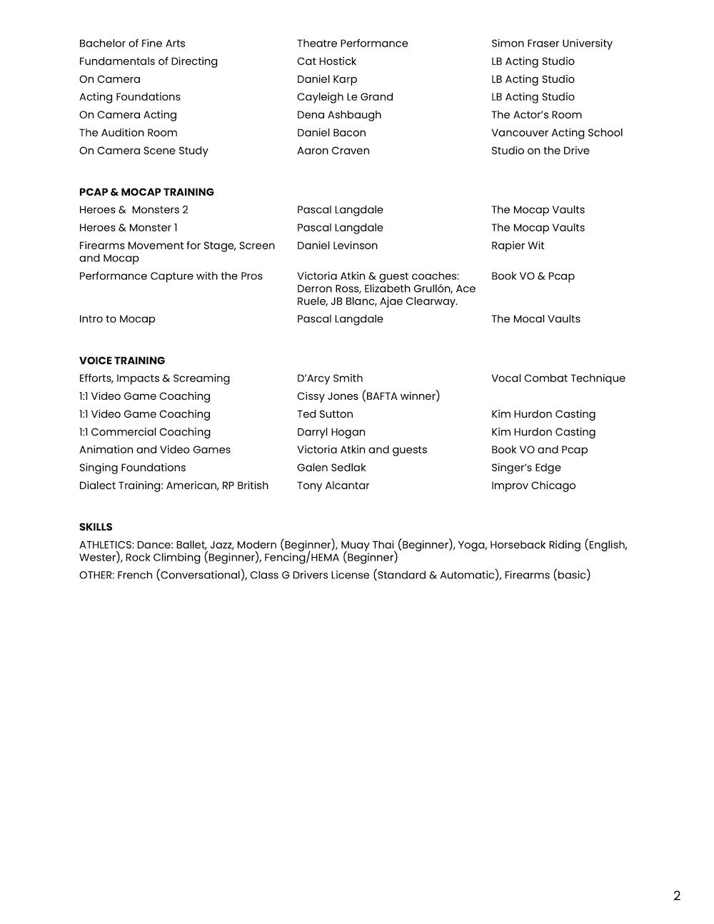 Acting resume for Nadine Charleson